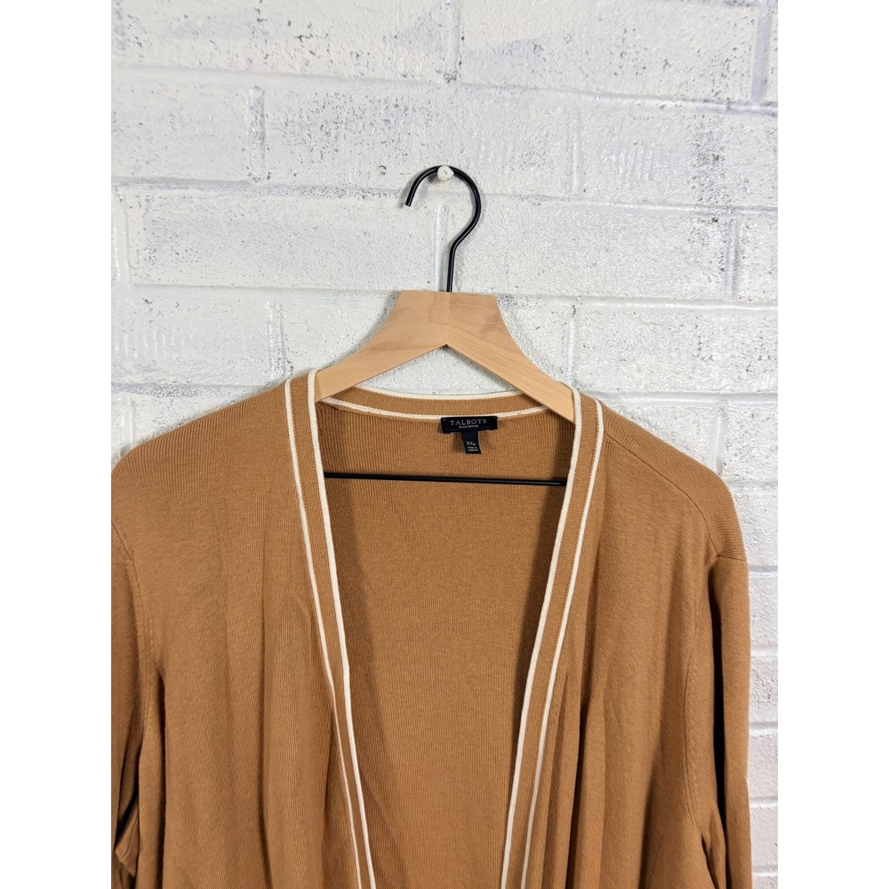 Talbots Open Front Cardigan Womens 3XP Brown White Trim Knit Pocket Stretch - Picture 3 of 9